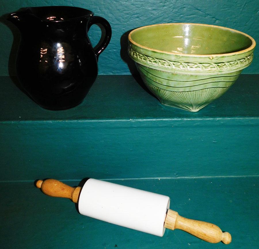 Mixing Bowl, German Porc Rolling Pin, Pottery Pitcher (1 of 3)