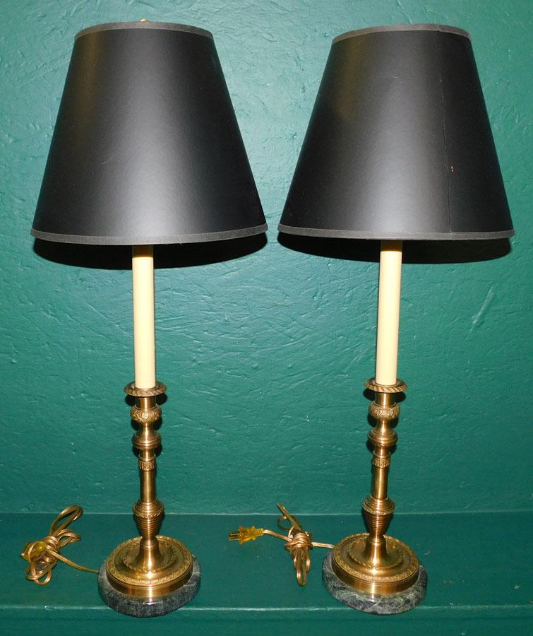 Pair Cast Brass & Marble Base Candlestick Lamps (1 of 2)