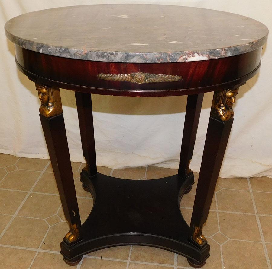 Marble Top French Empire Tea Table: Marble Top French Empire Tea Table. 28" Dia 28 3/4" H