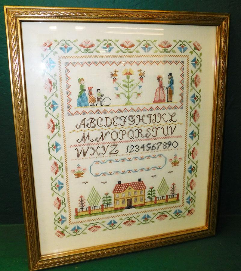 Framed Needlepoint Sampler: Framed Needlepoint Sampler. 19" X 23"