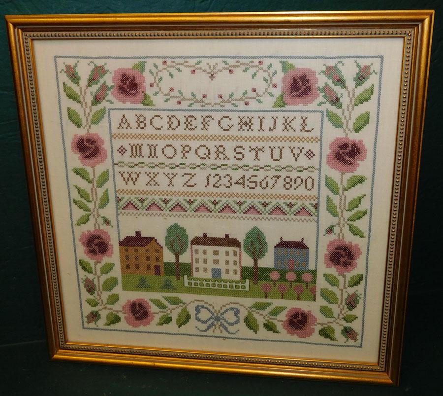 Framed Needlepoint Sampler: Framed Needlepoint Sampler. 18 3/4" X 18 3/4"