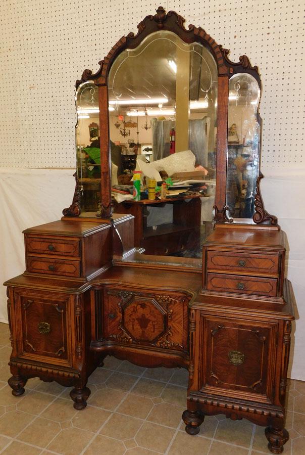 Walnut Inlaid Princess Dresser with Mirror: Walnut Inlaid Princess Dresser with Mirror. 49 1/2" W 18" D 72" H