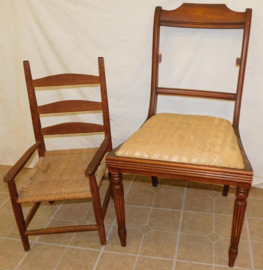 Primitive Ladder Back Child's Chair & Mah Chair: Antique Primitive Ladder Back Child's Chair & Mahogany Chair, (As Is). 36" H