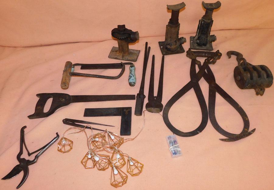 Lot of Ant Tools, (Old Jacks, Ice Tongs, Hand Saws): Lot of Antique Tools, (Old Jacks, Ice Tongs, Hand Saws). Up to 18" L