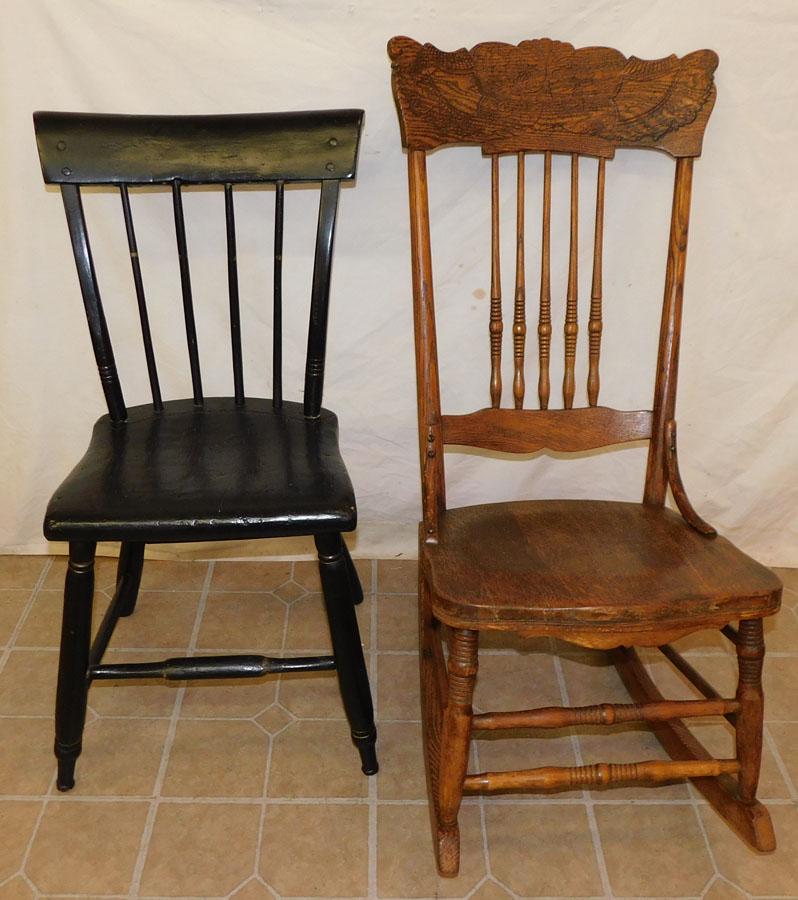 Oak Rocker & Painted Side Chair: Oak Rocker & Painted Side Chair. 39" H