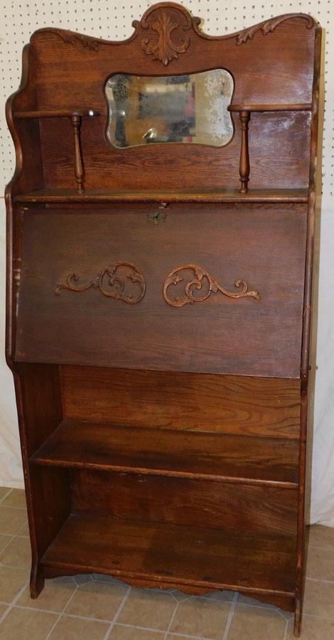 Antique Oak Secretary with Mirrored Back: Antique Oak Secretary with Mirrored Back . 30" W 12" D 62" H