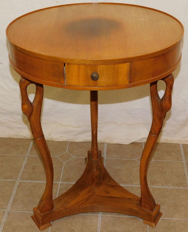 Walnut 1 Drawer Drum Table with Swan Legs: Walnut 1 Drawer Drum Table with Swan Legs. 18" DIA. 23 3/4" H