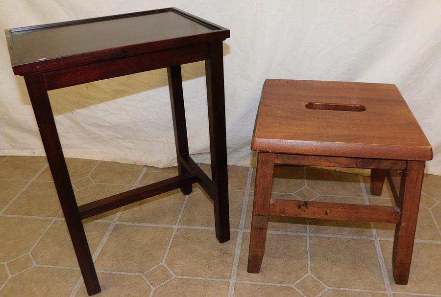 Small Mahogany Table & Walnut Stool: Small Mahogany Table & Walnut Stool. 13" W 10" D 18 1/4" H (Table)