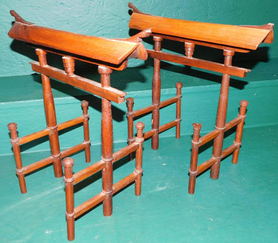 Pair Teakwood Oriental Pagoda Stands: Pair Teakwood Oriental Pagoda Stands. 15" H