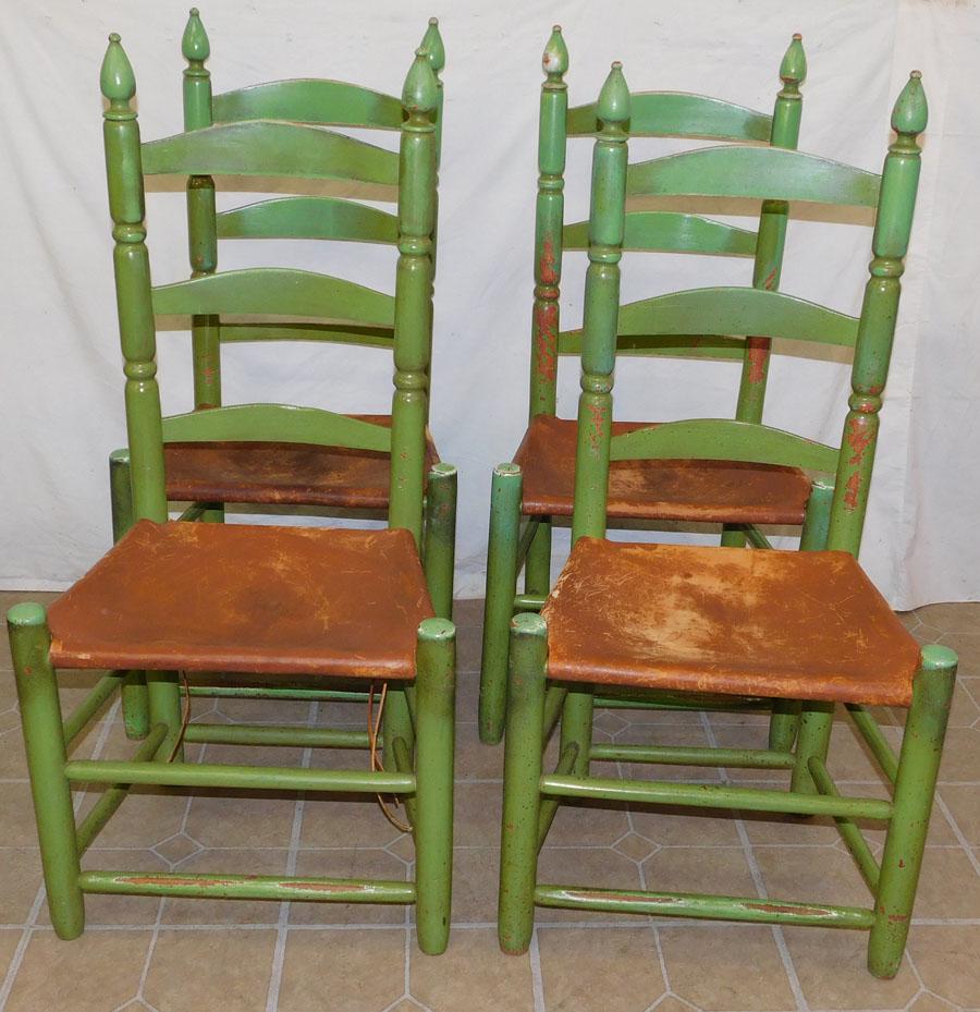 4 Pntd Ant Ladder Back Chairs w/ Leather Seats (1 of 3)
