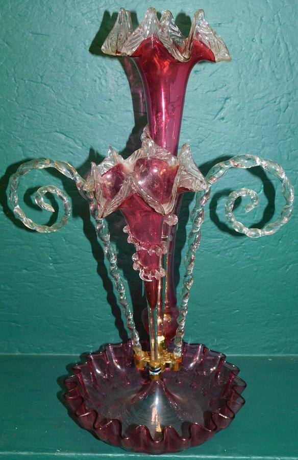 Antique Cranberry Glass Epergne With Mismatched Bud (1 of 5)
