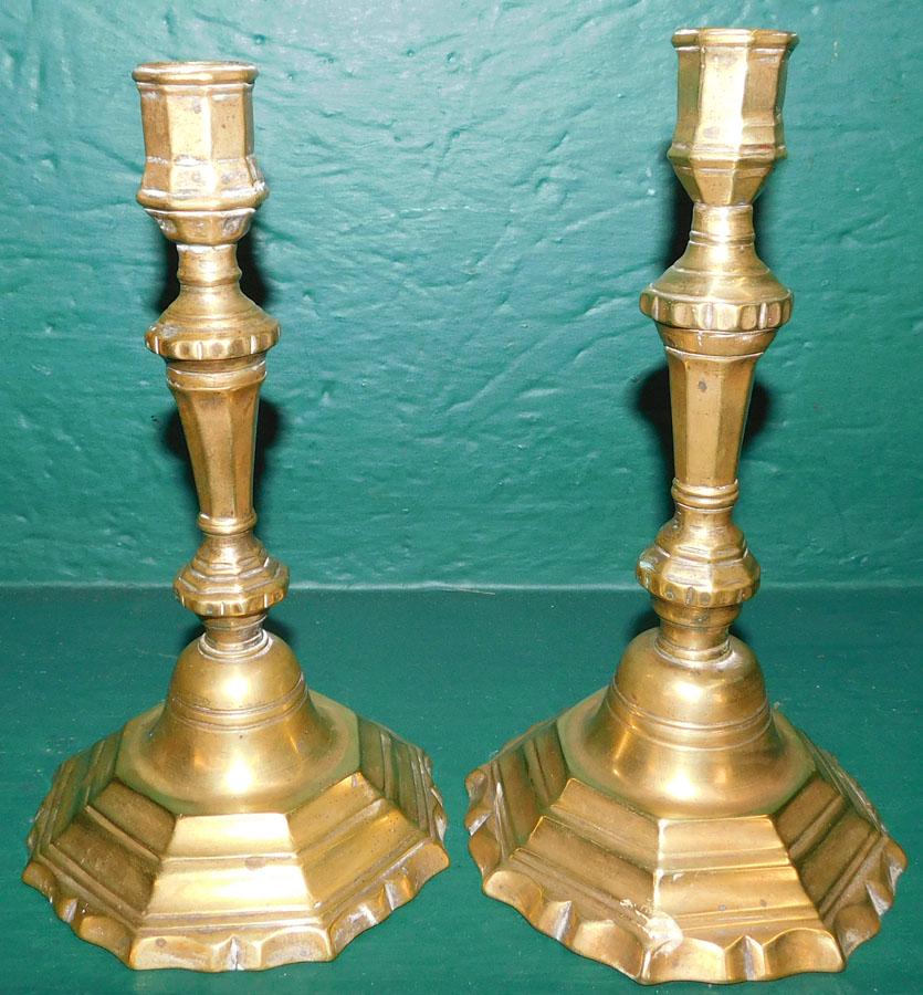 Pr Antique Brass Queen Anne Candlesticks (1 of 2)