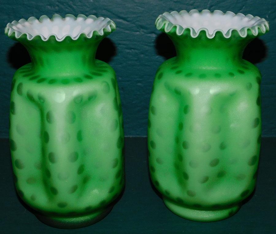 Pr Quilted Glass Victorian Green Dot Vases (1 of 3)