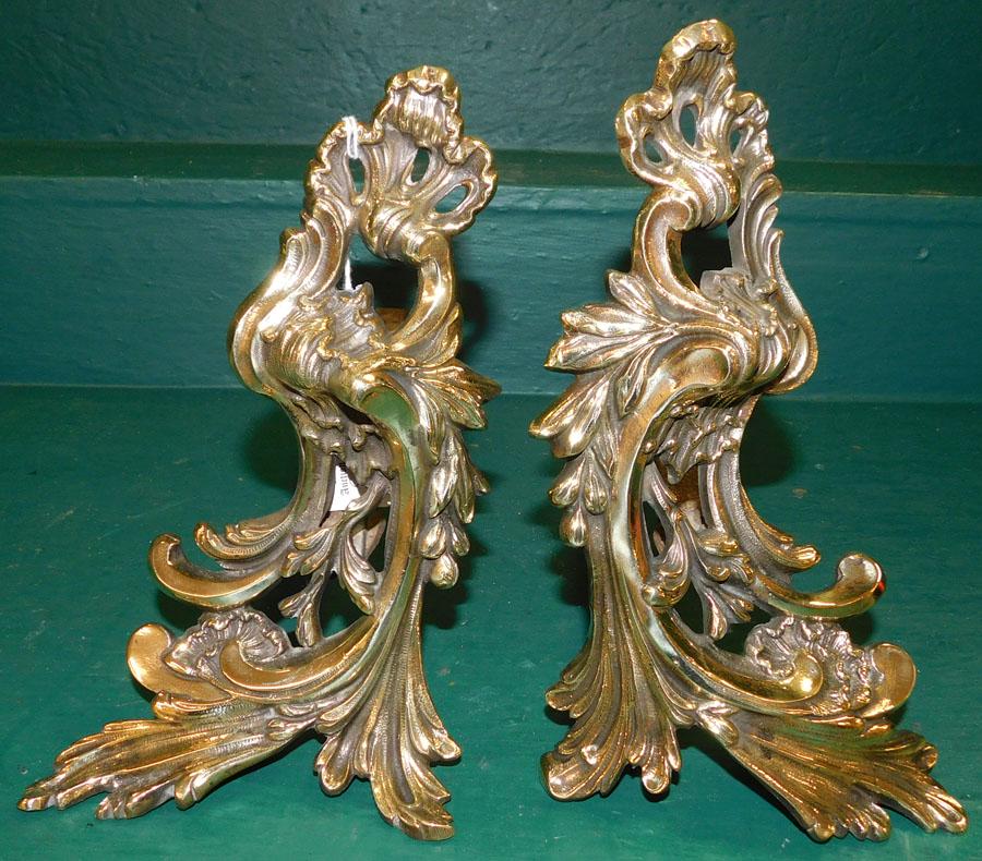 Pair of Polished French Brass Chenets: Pair of Polished French Brass Chenets. 10" H