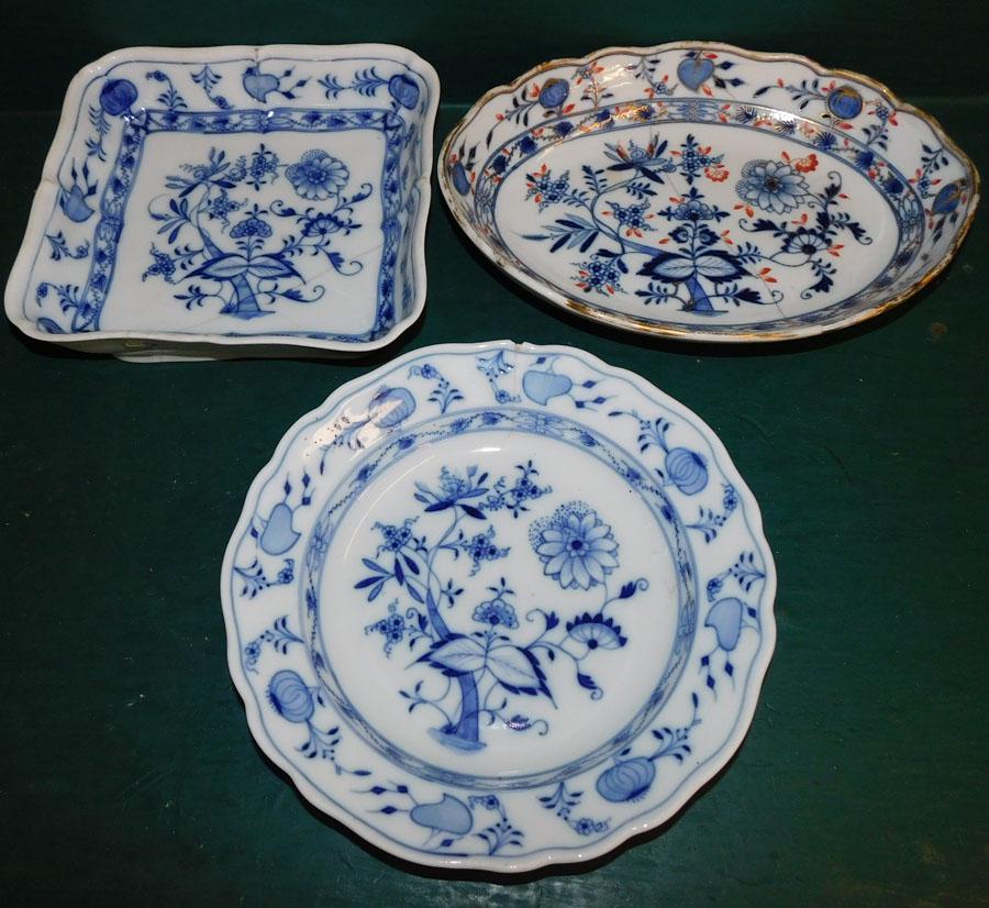 3 Pieces of Meissen Blue Onion Porcelain: 3 Pieces of Meissen Blue Onion Porcelain With Staple Restoration. 11" W (Largest)