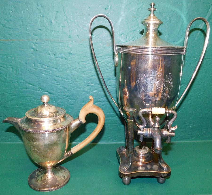 Antique SP Hot Water Urn & Tea Kettle: Antique SP Hot Water Urn & Tea Kettle. 14" H (Tallest)