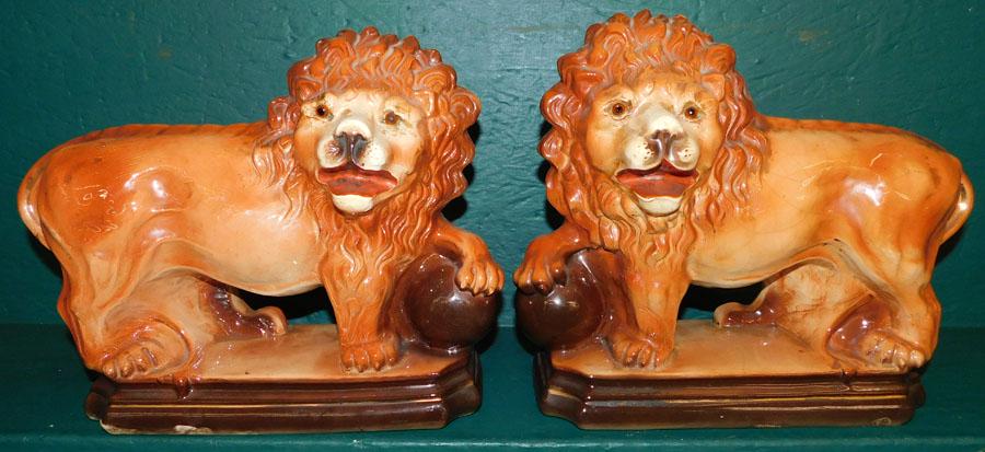 Pair 19th C Staffordshire Lions W/ Glass Eyes (1 of 4)