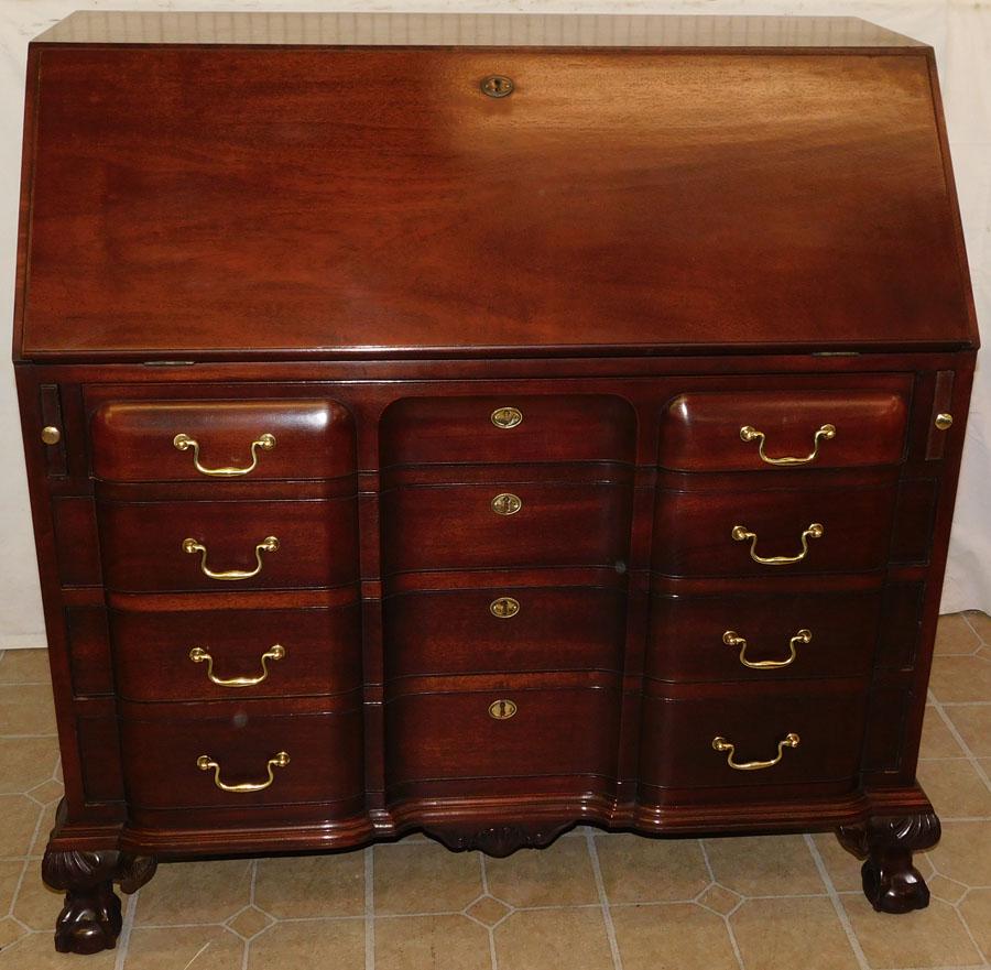 Mahogany Block Front Biggs Slant Front Desk: Mahogany Block Front Ball & Claw Slant Front Desk By Biggs. 43 3/4" W 24" D 41 1/2" H