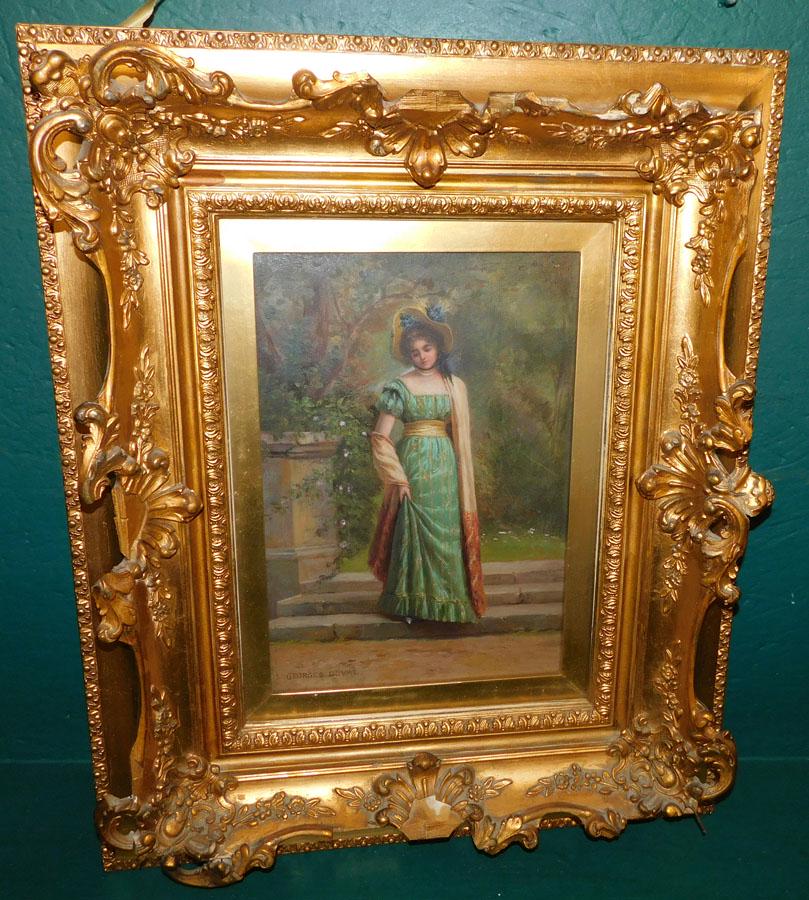 OOC Behind Glass Signed Georges Duval: Oil on Canvas Of Lady Behind Glass W/ Ornate Frame (As IS) Signed Georges Duval. 19 1/2" X 23 3/4"