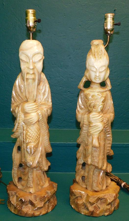 Pair Oriental Carved Stone Figural Lamps (1 of 2)