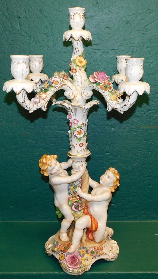 German Porcelain Cupid Candelabra: German Porcelain Cupid Candelabra. 22 3/4" H