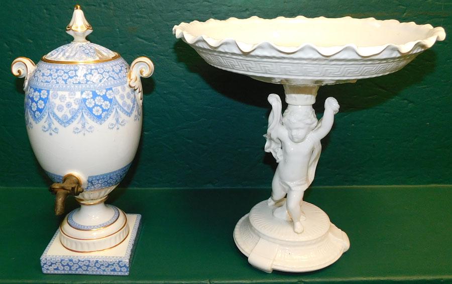 Compote By Spode & B&W Urn By Copeland: Porcelain Cherub Compote By Spode & B&W Urn By Copeland. 12" H (Tallest)