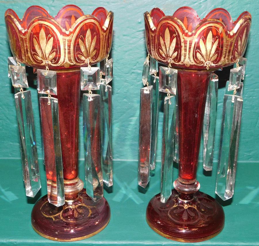 Pair Cranberry Hand Painted Lusters (1 of 2)