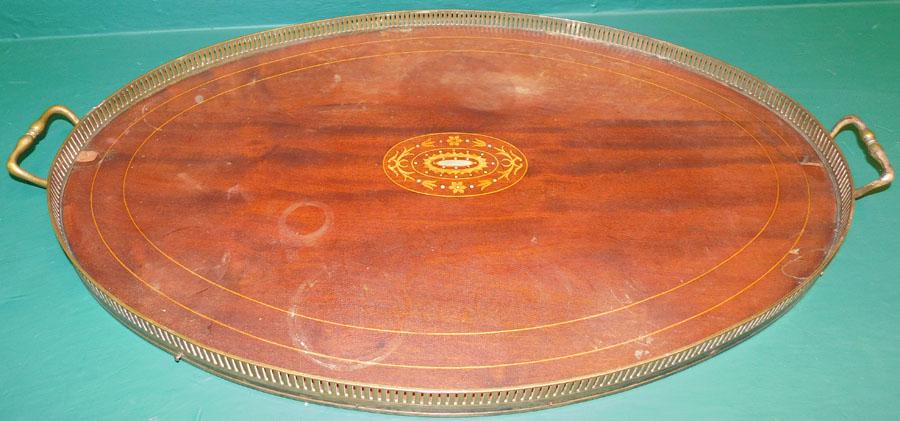 Mahogany Inlaid Tray W/Brass Gallery: Mahogany Inlaid Tray W/Brass Gallery. 16 1/2" X 27 1/2"