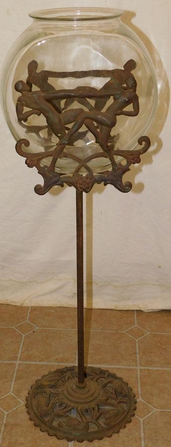 Glass Fish Bowl On Art Nouveau Metal Stand: Glass Fish Bowl On Art Nouveau Metal Stand. 33 1/2" H