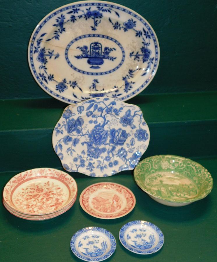 Lot Of Antique Transferware & Porcelain: Lot Of Antique Transferware, & Porcelain Pieces. England Blue & White, Spode, & Minton included. (Some as is). 18" X 14" (Platter)