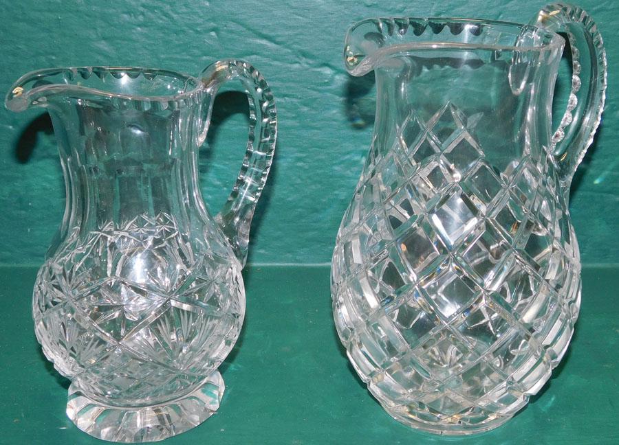 Two Lead Cut Crystal Pitchers: Two Lead Cut Crystal Pitchers. 8 1/2" H (Tallest)