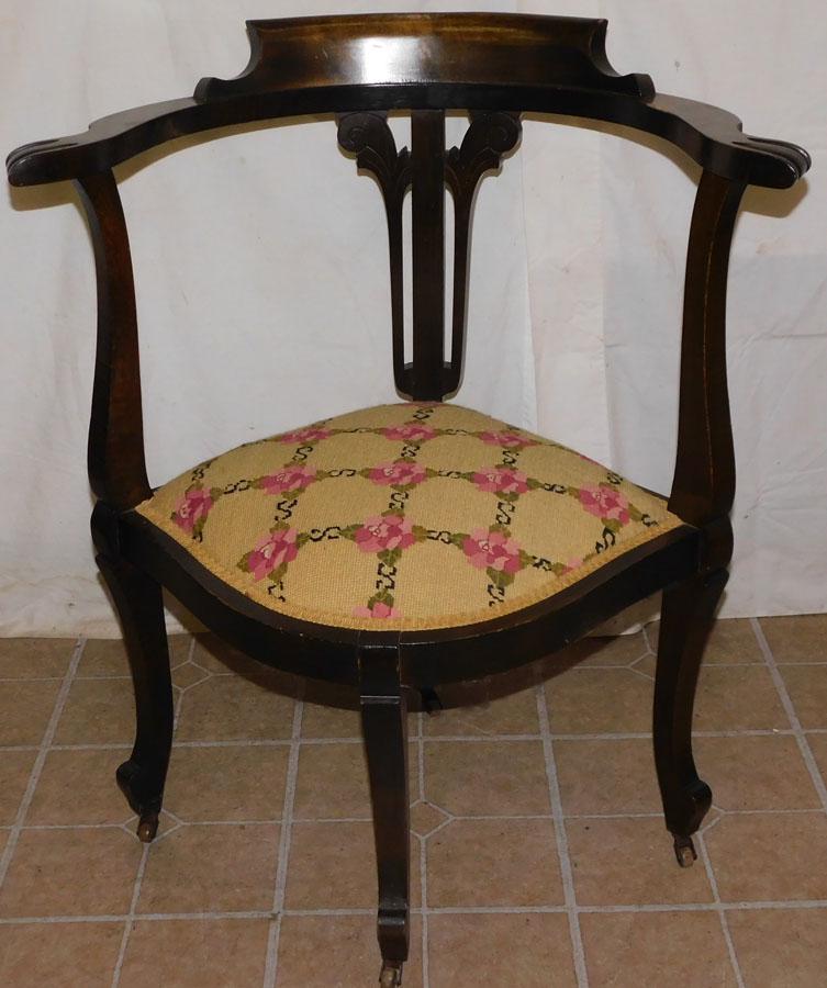 Walnut Corner Chair W/ Needlepoint Seat: Walnut Corner Chair W/ Needlepoint Seat. 32 1/2" H