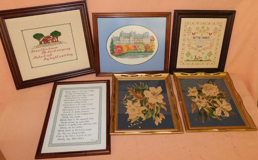 Six Framed Needlework's & Prints: Six Framed Needlework's & Prints. 17 1/4" X 20 1/4" (Largest)