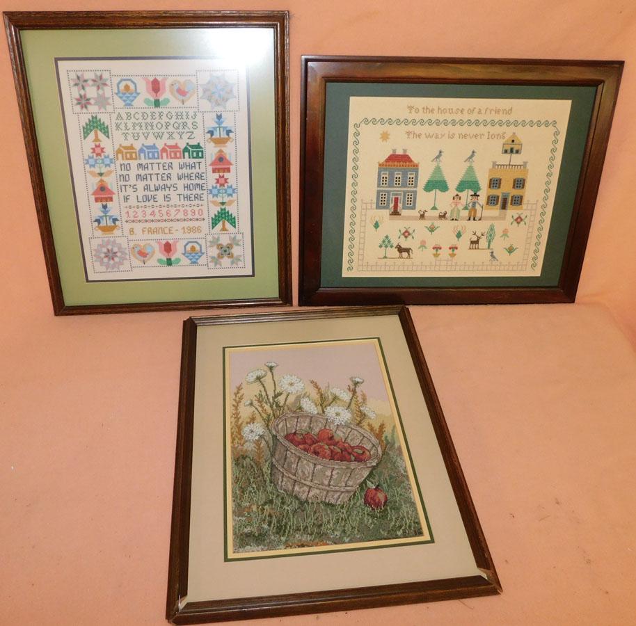 Three Framed Needlework Samplers: Three Framed Needlework Samplers. 23" X 19" (Largest)