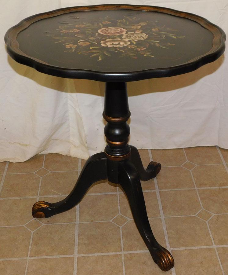 Black Lacquered & Paint Decorated Tea Table: Black Lacquered & Paint Decorated Tea Table. 24 1/2" Dia 27" H