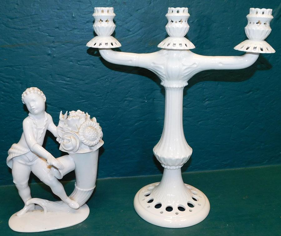 German Porcelain Figurine & Italian Porcelain: German Porcelain Figurine & Italian Porcelain Candelabra. 13 1/2" (Largest)