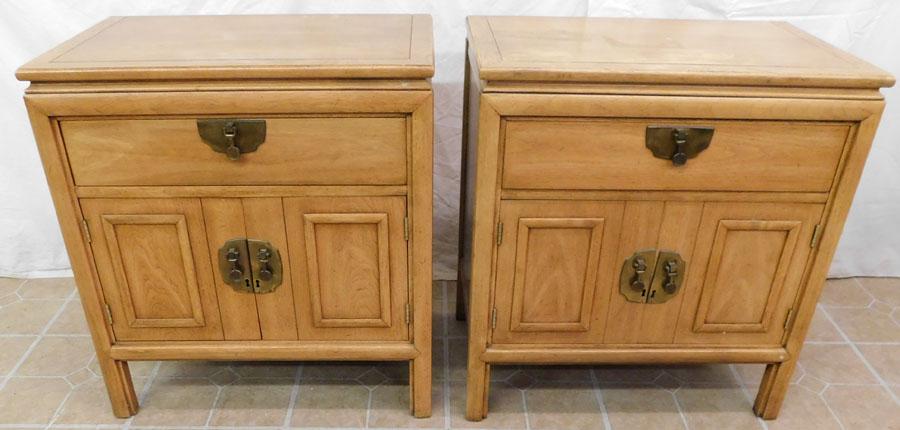 Pair Walnut Oriental Night Stands: Pair Walnut Oriental Night Stands. 24 1/4" w 15 1/4" D 26 1/4" H