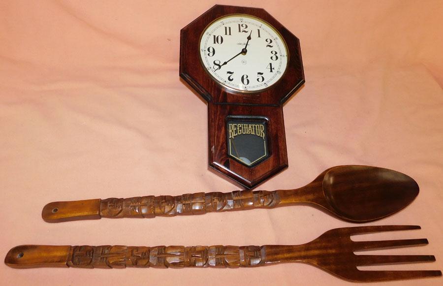 Seth Thomas Regulator Pine Clock & Large Decorative: Seth Thomas Regulator Pine Clock & Large Decorative Flatware. 36 3/4" Long (Wooden Flatware)