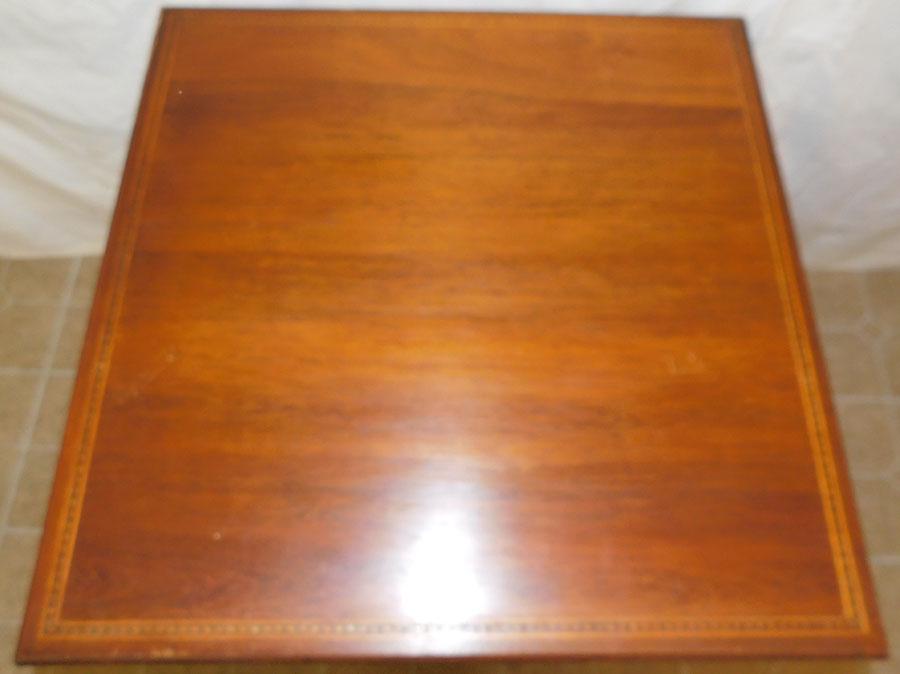 Walnut Inlaid Pedestal Tea Table: Walnut Inlaid Pedestal Tea Table. 28" W 28" D 28 1/4"H