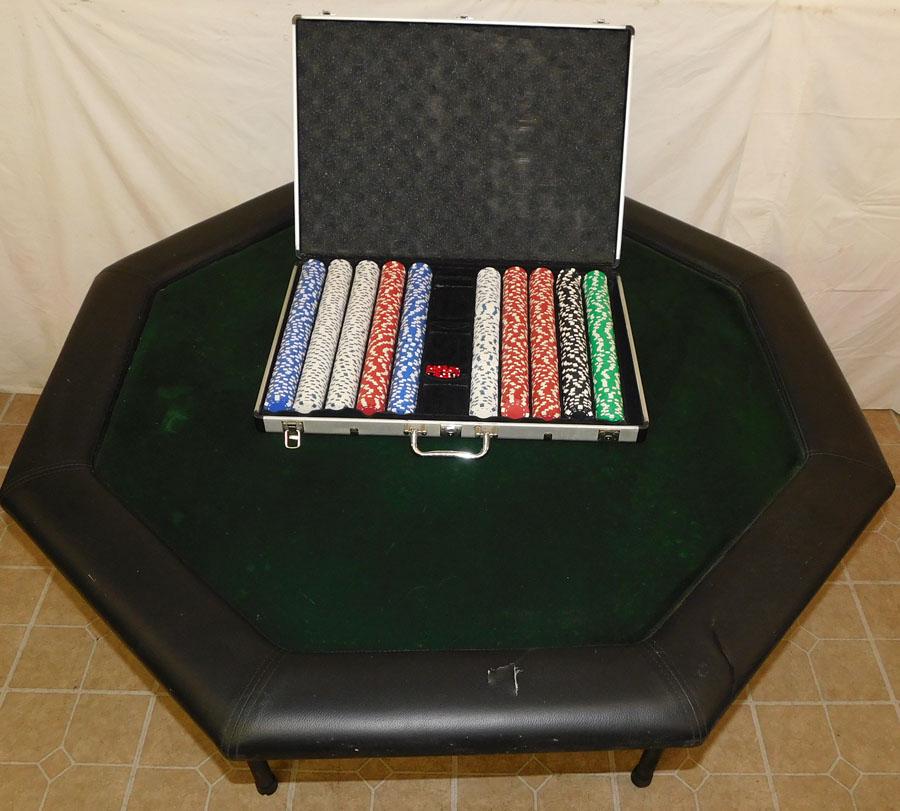 Folding Game Table W/ Poker Chips In Case: Folding Game Table W/ Poker Chips In Case. 48" Dia 29 1/2" H