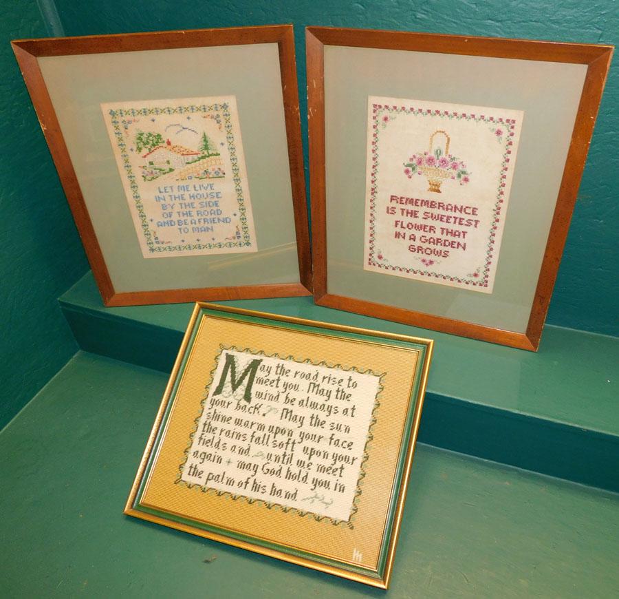 Three Framed Needlepoint Samplers: Three Framed Needlepoint Samplers. 17 1/4" X 20 1/4" (Largest)