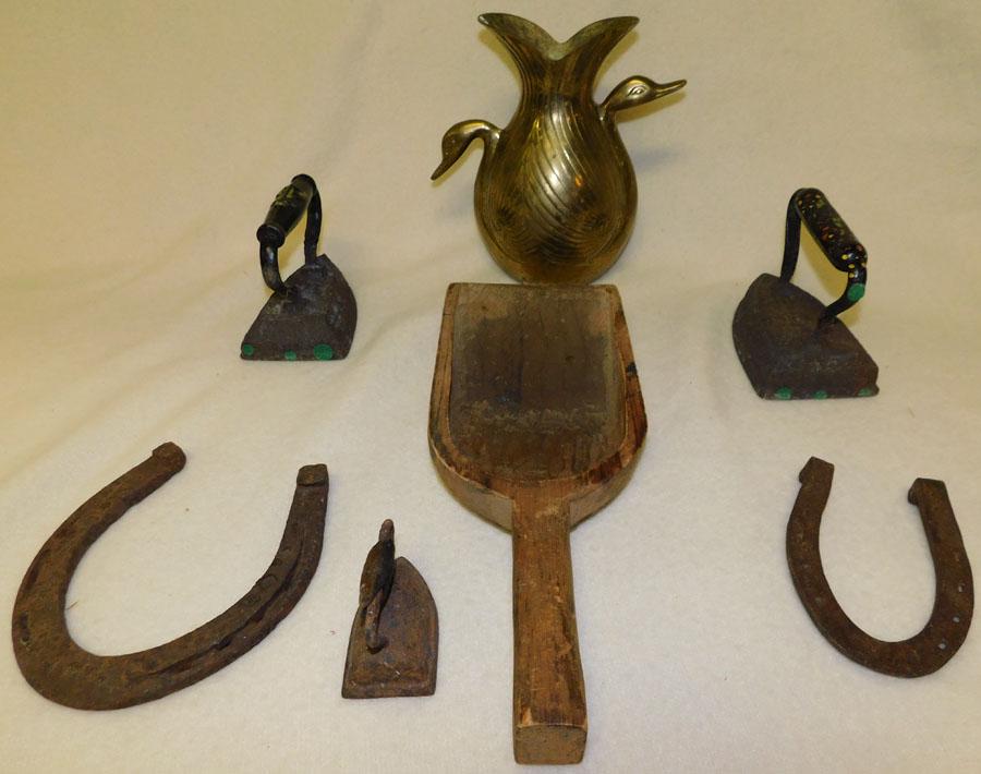 Wooden Scoop -- Brass Duck Vase -- Horse Shoe-- Flat: Wooden Scoop -- Brass Duck Vase -- Horse Shoe-- Flat Irons.