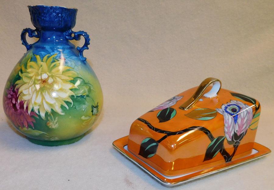 Luster Ware Cheese Dish & Royal Bonn Vase: Luster Ware Cheese Dish & Royal Bonn Vase.