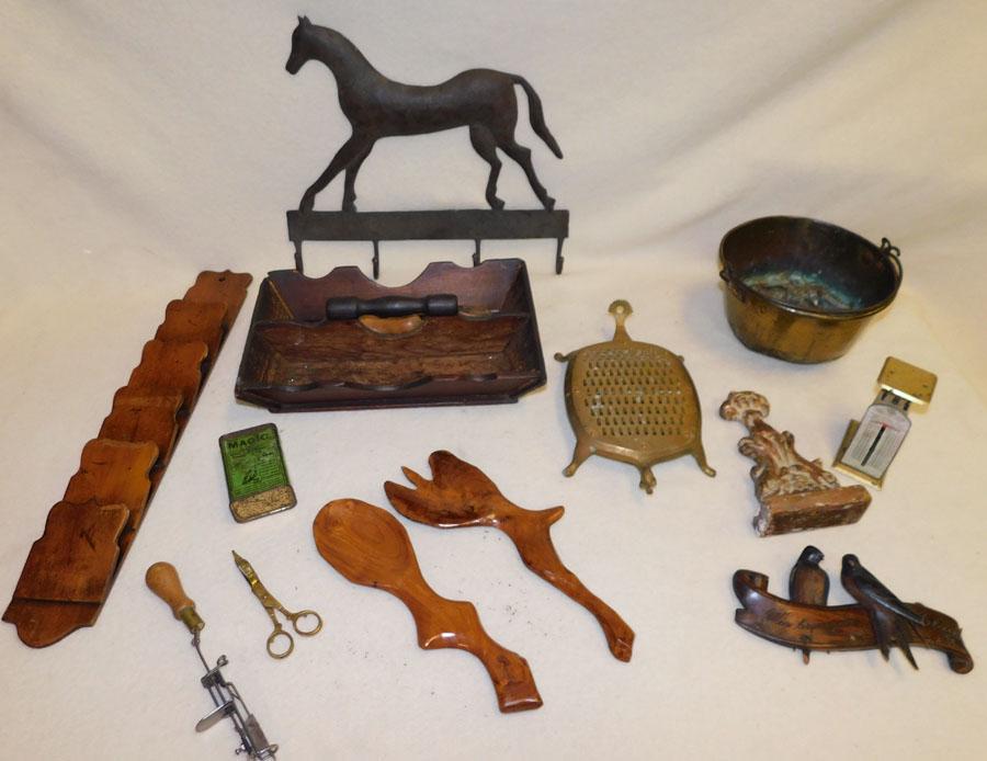 Metal Horse Hat Rack, Brass Bucket, Wood Rack, Misc.: Metal Horse Hat Rack -- Brass Bucket -- Wood Rack -- Misc..