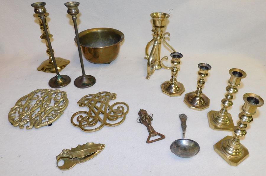 Lot Brass Candlesticks -- Trivets -- Bowls: Lot Brass Candlesticks -- Trivets -- Bowls.