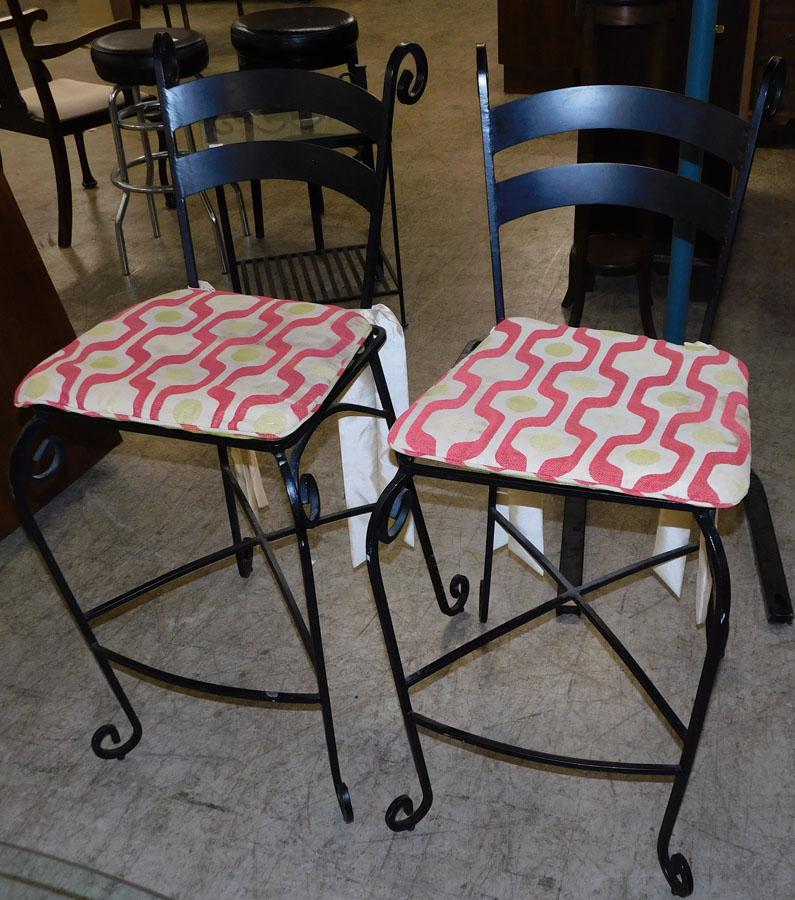 Pair Wrought Iron Bar Stools: Pair Wrought Iron Bar Stools. 45" H