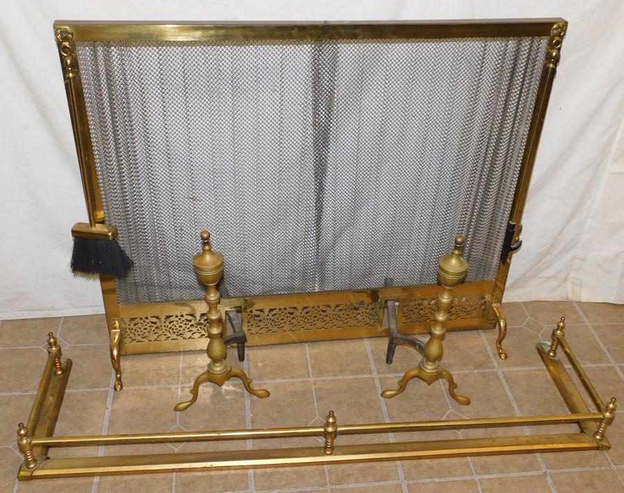 Brass Fireplace Andirons , Fender & Screen: Brass Fireplace Andirons , Fender & Screen. 48 1/2" Long (Fender)
