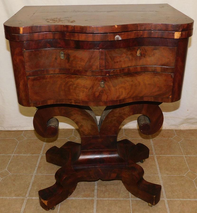 Mahogany Empire Fold Over Three Drawer Stand: Mahogany Empire Fold Over Three Drawer Stand. 22 1/2" W 14 3/4" D 30 3/4" H
