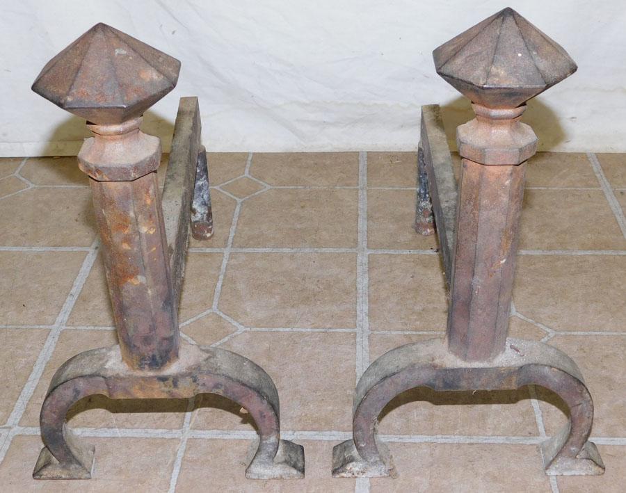 Pair Arts & Crafts Cast Iron Andirons: Pair Arts & Crafts Cast Iron Andirons. 15" H