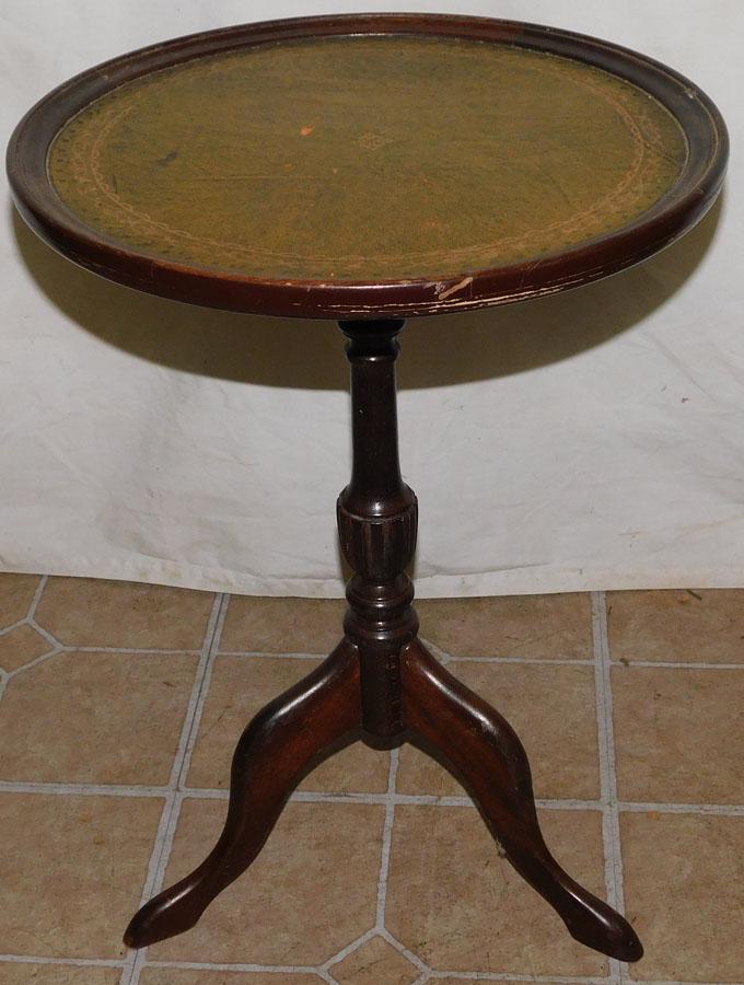 Mah Leather Top Whiskey Stand By Ethan Allen: Mahogany Leather Top Whiskey Stand By Ethan Allen. 14 1/2" Dia 20 1/2" H